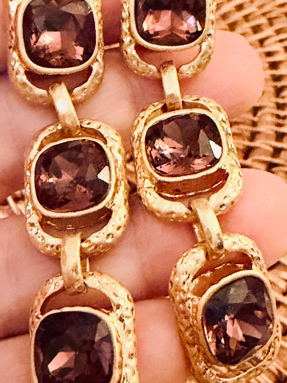 OSCAR DE LA RENTA Amethyst Crystal Earrings✨Gold Triple Drop Rectangles ✨CLIP ON - Picture 11 of 14